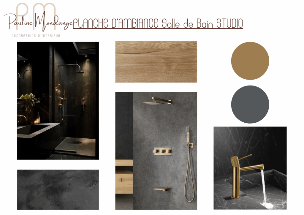 planche d'ambiance salle de bain noir et laiton